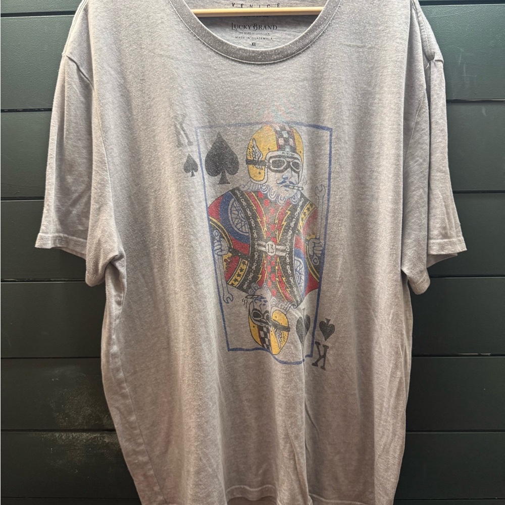 Lucky Brand Venice Burnout Gray Graphic Tee with Moto King of Spades Design